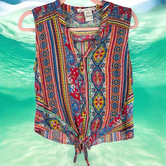 American Rag Tops - American Rag Colorful Sleeveless Boho Print Button Up Tie Front Peasant Sm Top
